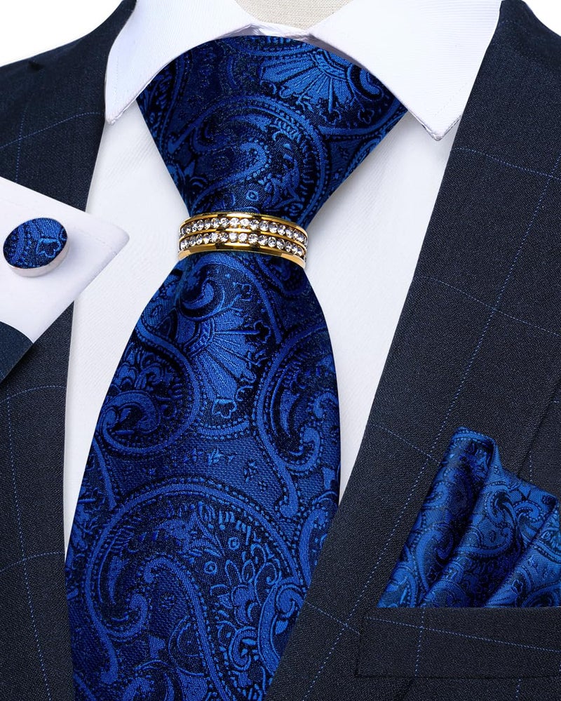 DiBanGu Mens Tie Set Silk Necktie and Gold Tie Ring Pocket Square Cufflinks Formal Business Wedding Ties with Gift Box, Blue - Image 3